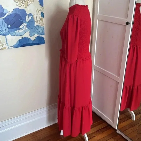 Nanette Lepore Smocked Midi Dress with Tiered Skirt and Ruffle Detail - Size 12 - Picture 6 of 13